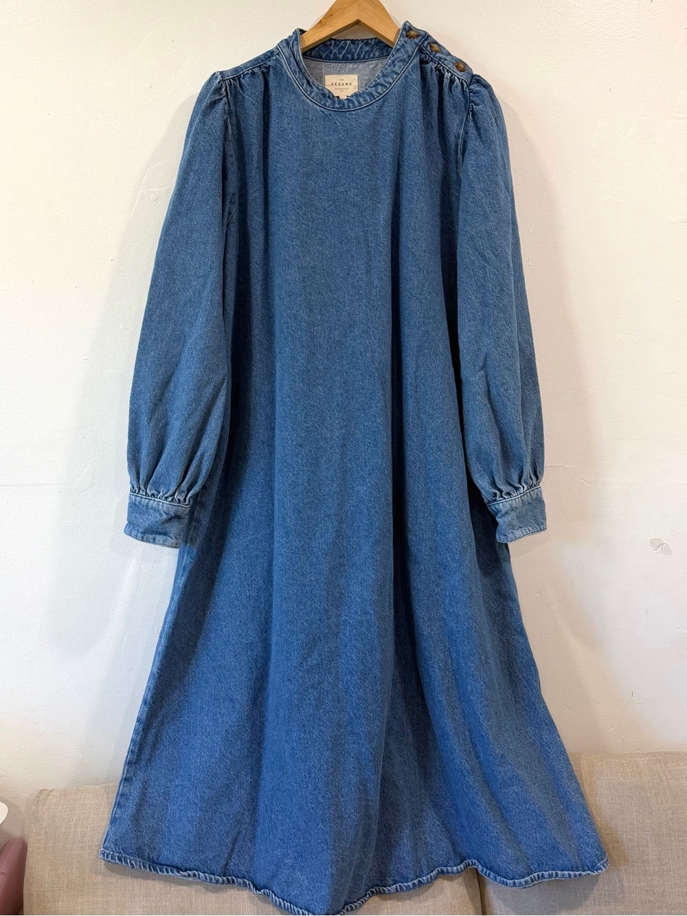 Sézane Aluzie Dress Long Maxi Denim Balloon Sleeve